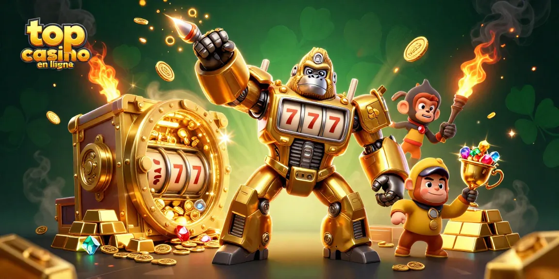 Jouer dans un top casino en ligne avec des machines à sous en or et un gorille mech explosif.