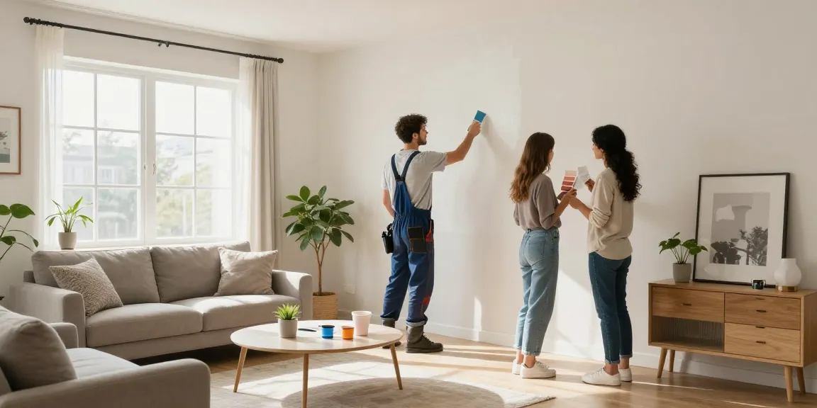 Renovation of a stylish living room showcasing a contractor painting while clients review color swatches.