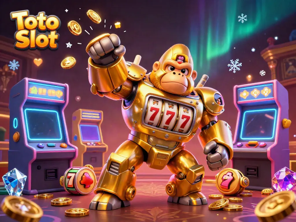 Bermain Toto Slot dengan karakter mech gorila emas dan mesin slot berputar, energi penuh kemenangan.