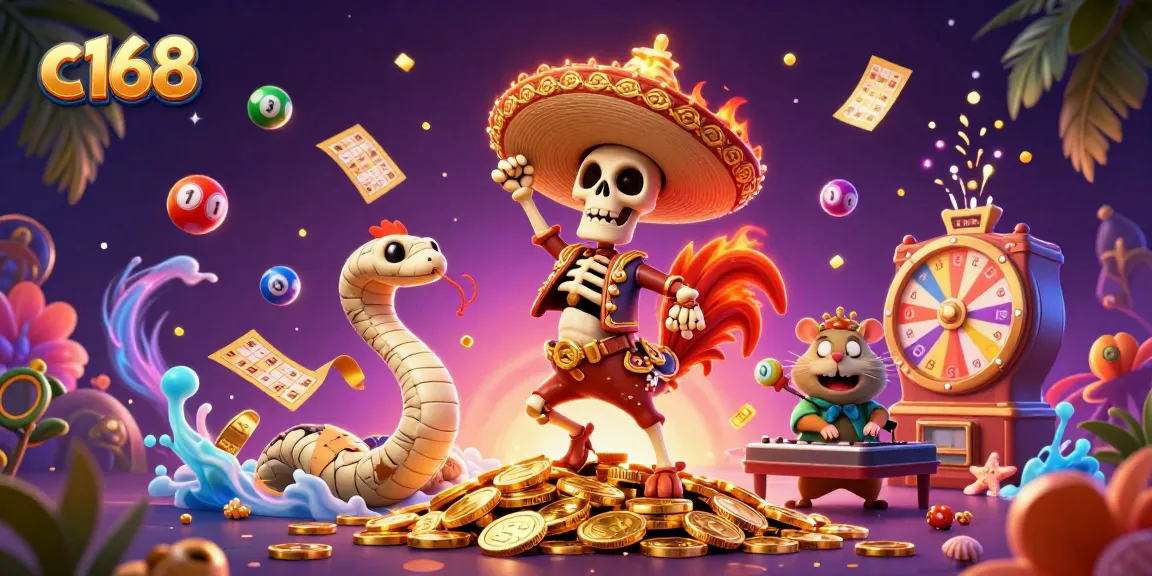 Experience exciting winnings at c168 with this vibrant 3D casino illustration featuring a victory dance and dynamic game elements.