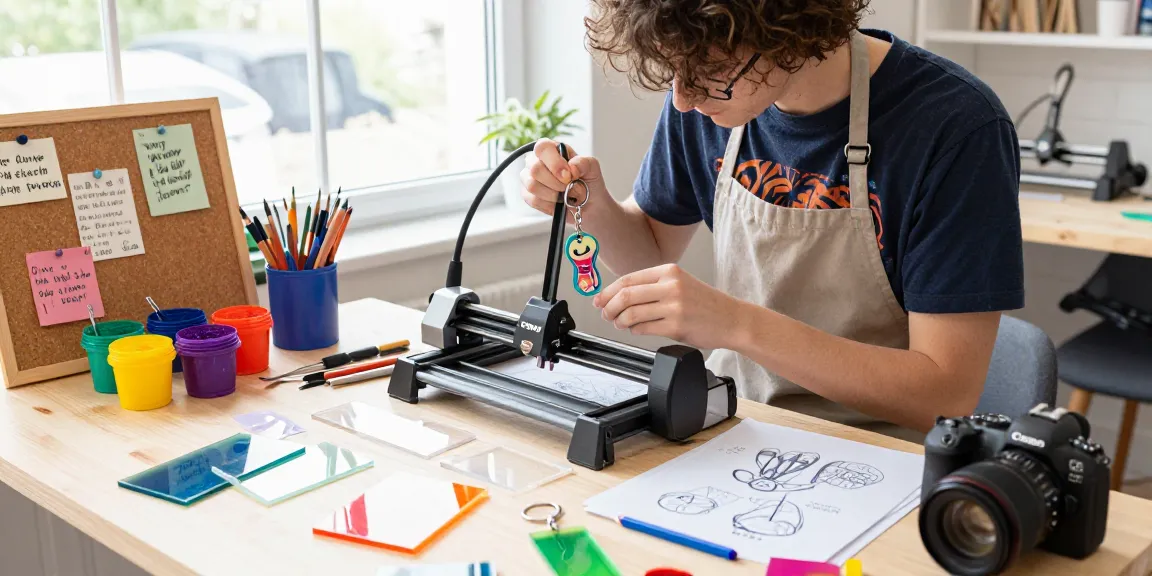 Customizing personalized keychains in a vibrant workshop, showcasing creativity and unique designs.