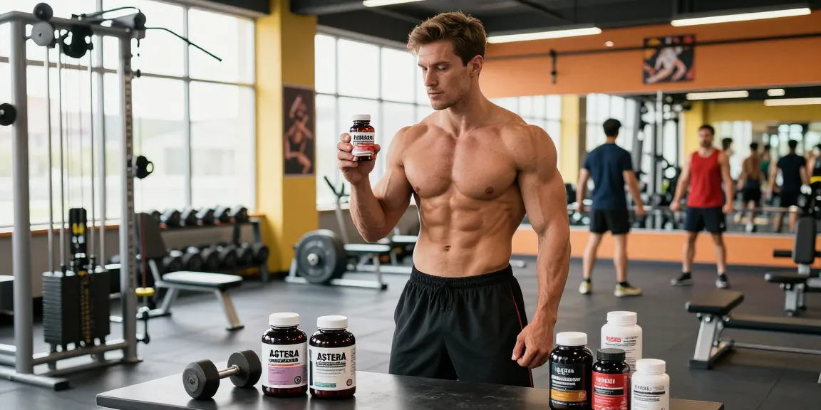Astera Steroids Shop display featuring bodybuilding supplements and fitness equipment in a vibrant gym setting.