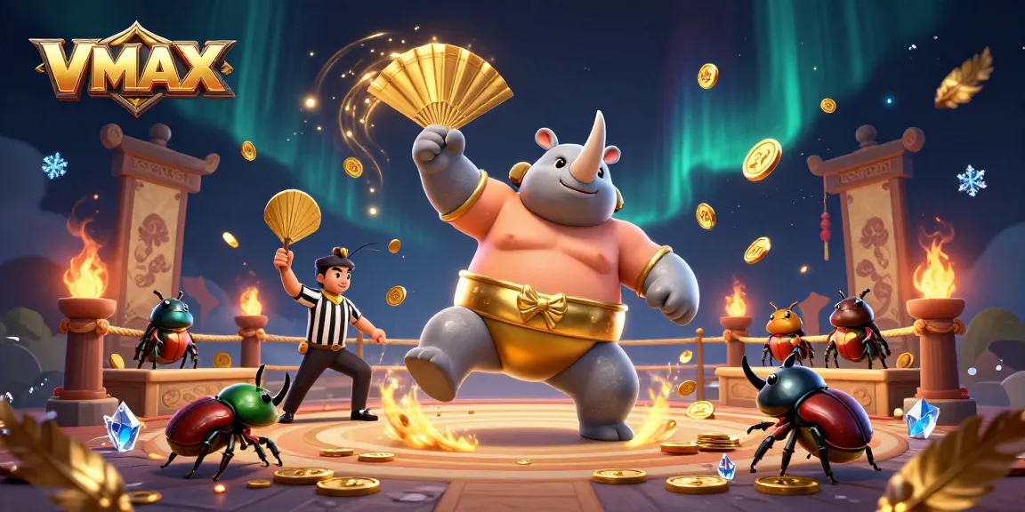 VMAX Sumo champion beetle triggers flying coins in an exciting online casino scene.