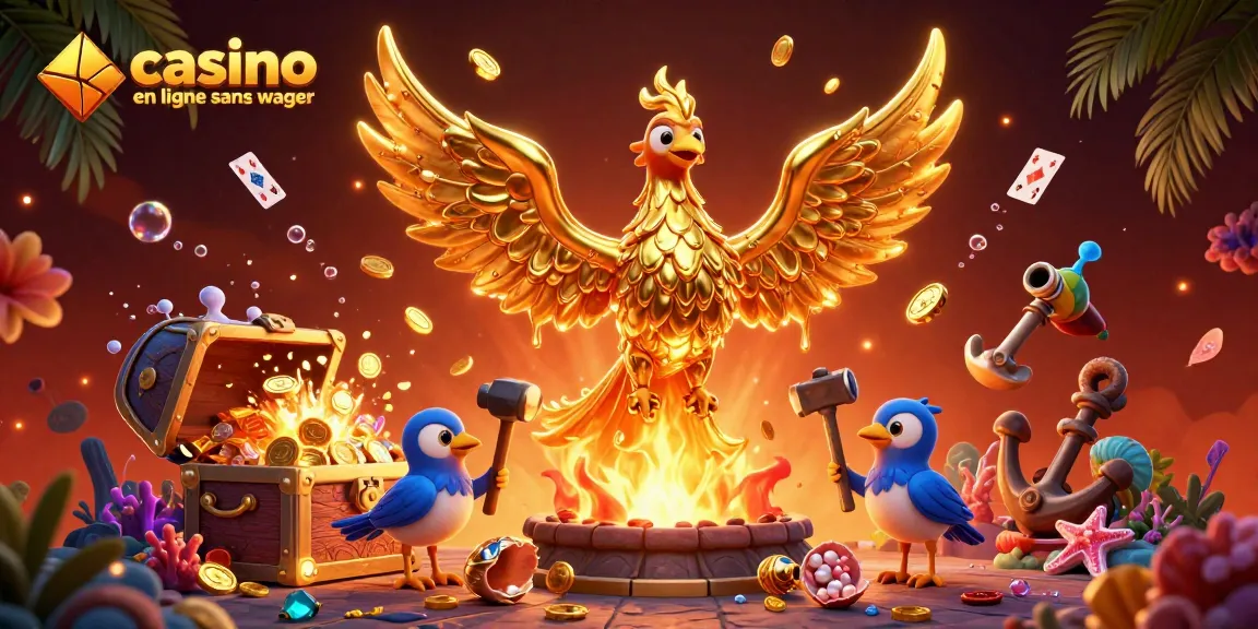 Jouez au casino en ligne sans wager avec des images éclatantes comme un phénix doré, entouré de trésors.