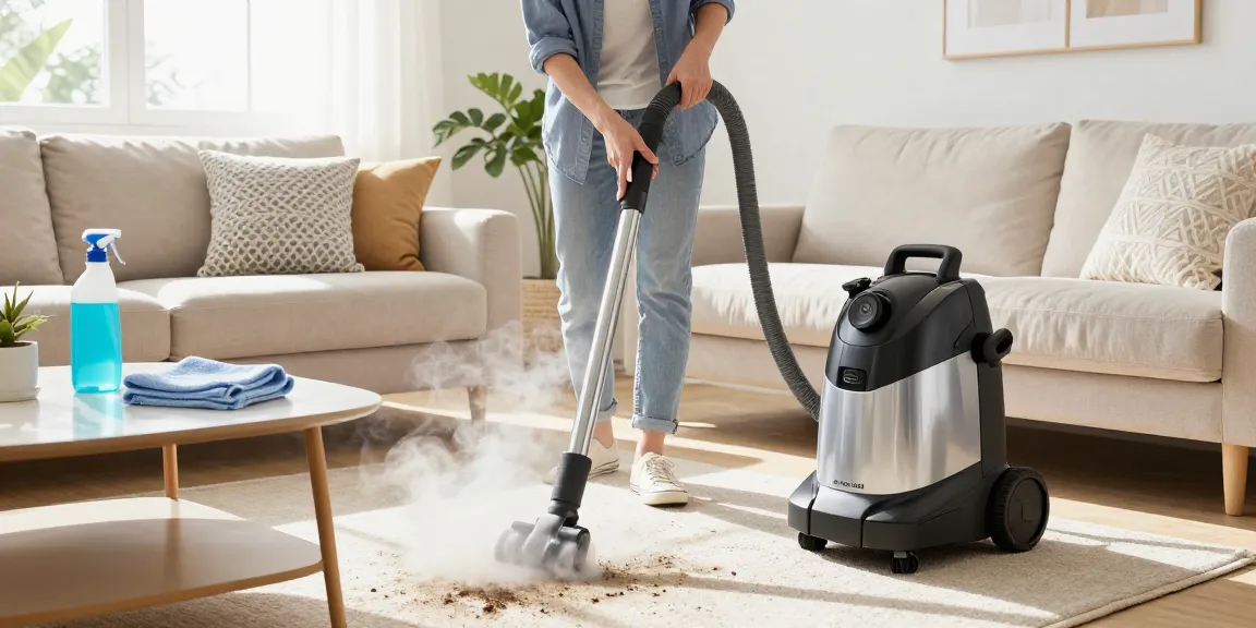 Steam cleaning couch with visible dirt lifting, creating a fresh living room.
