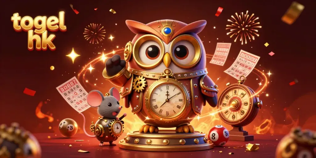 Menggandakan togel hk dengan karakter kartun waktu di kasino, dikelilingi elemen bingo.