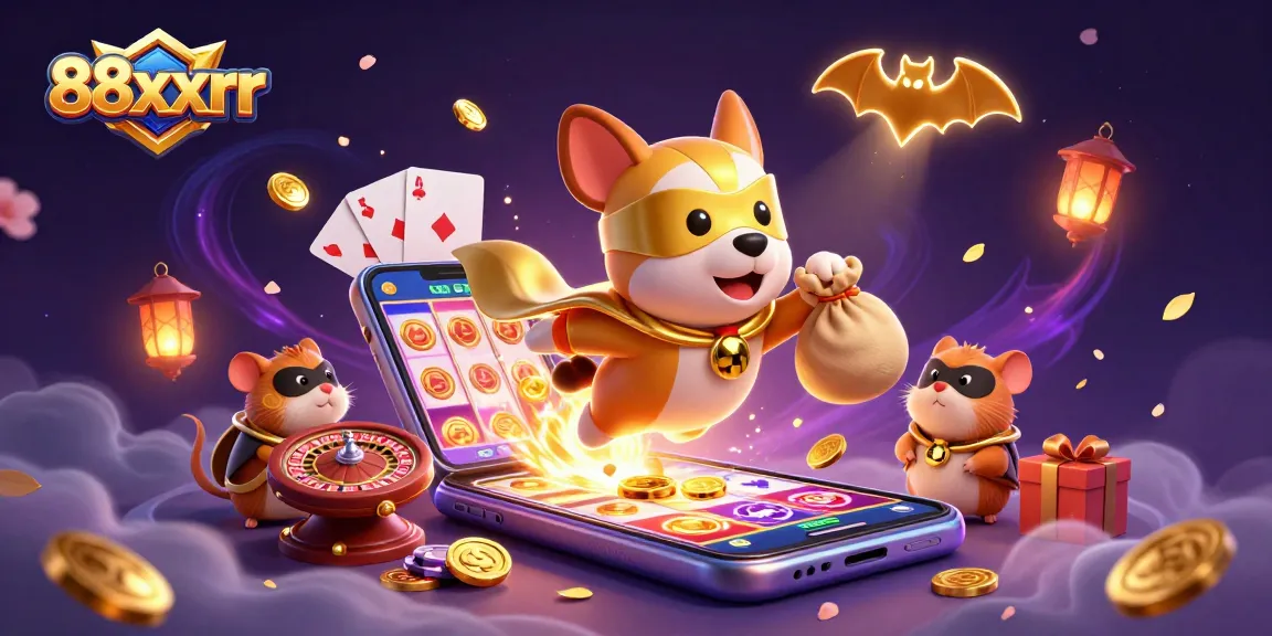 88xxrr showcases a superhero dog and hamster amidst casino games and gold coins, emphasizing fun and excitement.