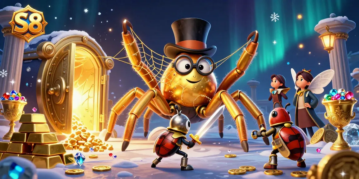 S8 offers thrilling casino experiences with a lively 3D illustration featuring golden treasures and engaging characters.
