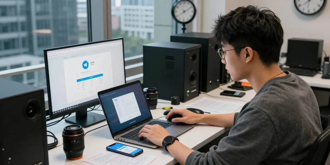 Young professional navigating telegram login china issues at tech workspace.