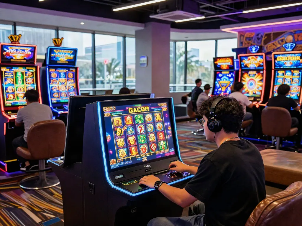 Player enjoying dynamic slot gacor game in vibrant casino setting