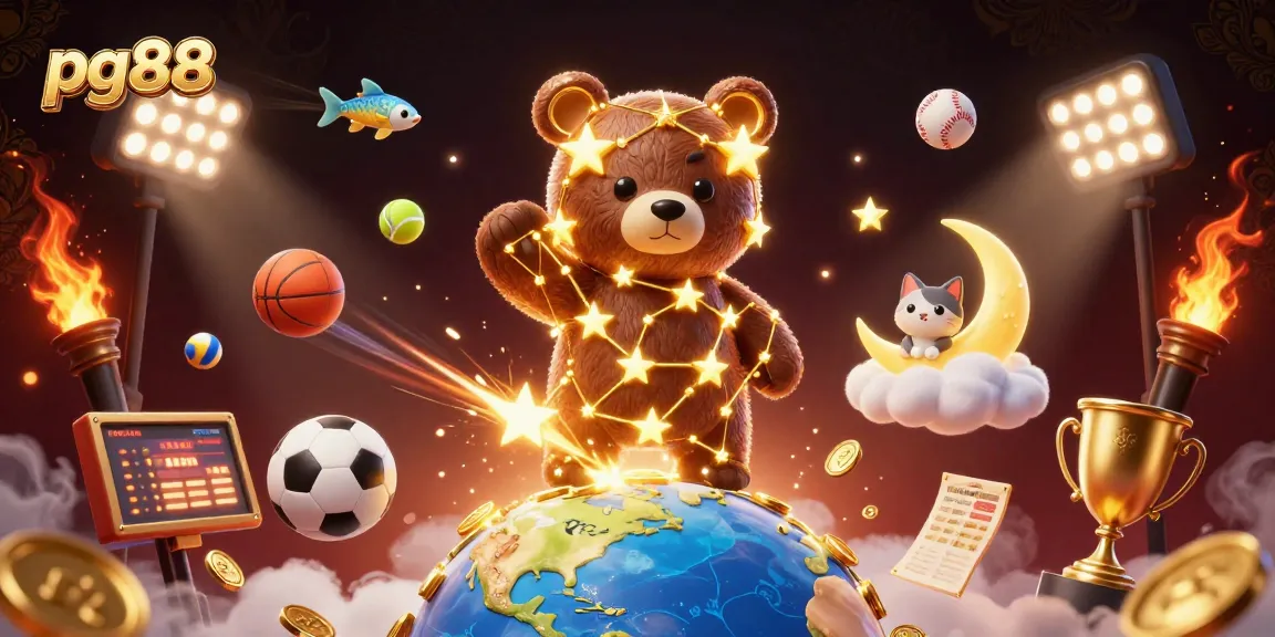 Win big at pg88 as a constellation bear scoops coins from Earth in a thrilling gambling scene.