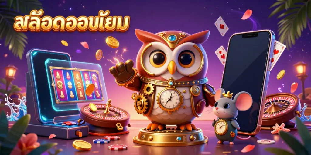 Engaging illustration featuring สล็อตยอดนิยม with a time-traveling owl, a smartphone showing a vibrant slot game, and a casino theme.
