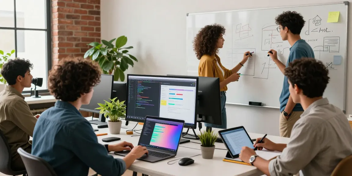 Diverse tech team collaborating at a startup office workspace, featuring https://companynamesucks.com/ and vibrant innovation.