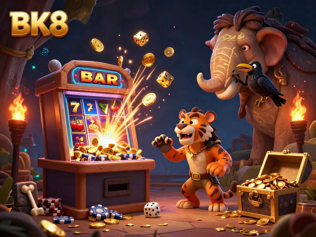 Experience the vibrant energy of BK8's prehistoric casino with dynamic elements and celebratory effects.