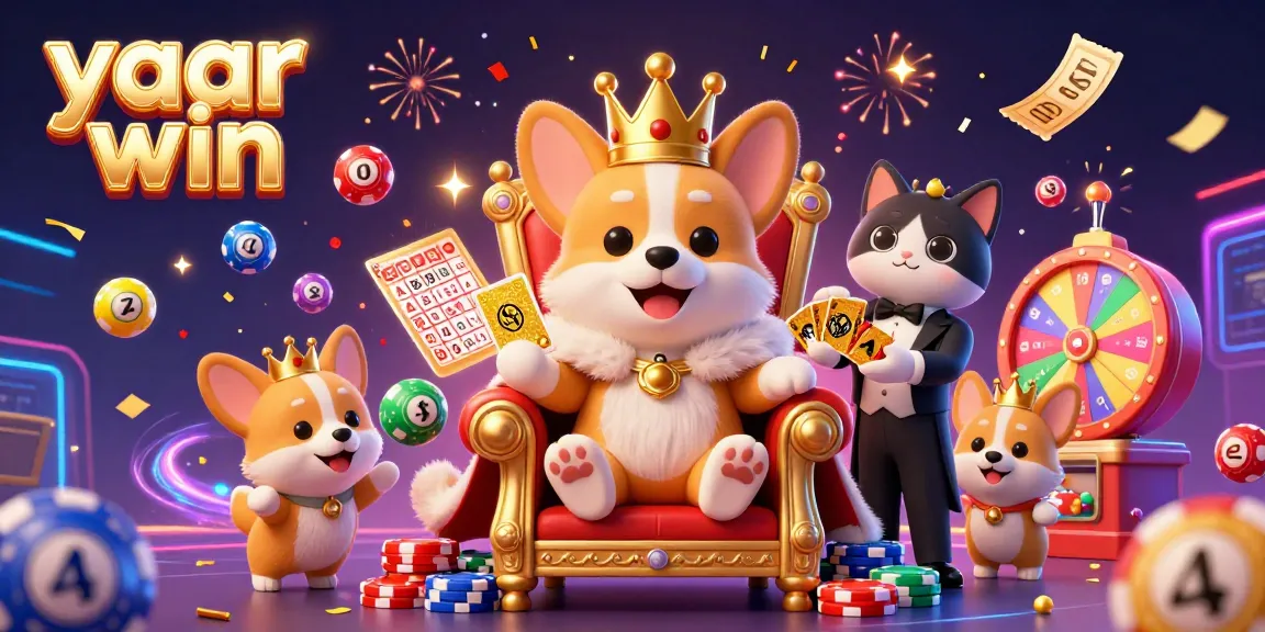 Experience the fun of yaar win with our animated casino scene showcasing a royal corgi and vibrant game elements.