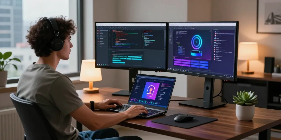Innovative workspace showcasing CrushOn AI development, featuring code on dual monitors.