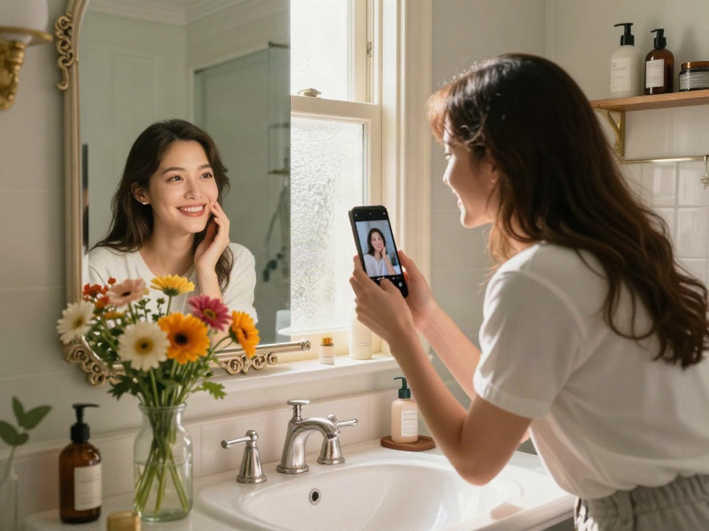 Woman assessing how old do I look in a vintage bathroom with natural light.
