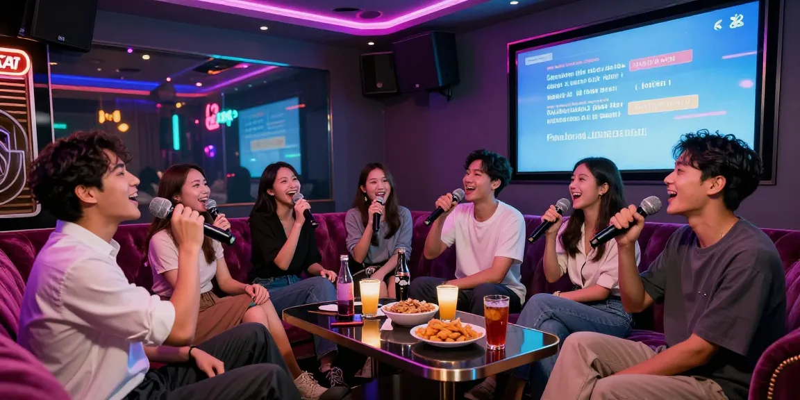 Karaoke fun in Gangnam가라오케 with friends singing, colorful lights, and joyful atmosphere.