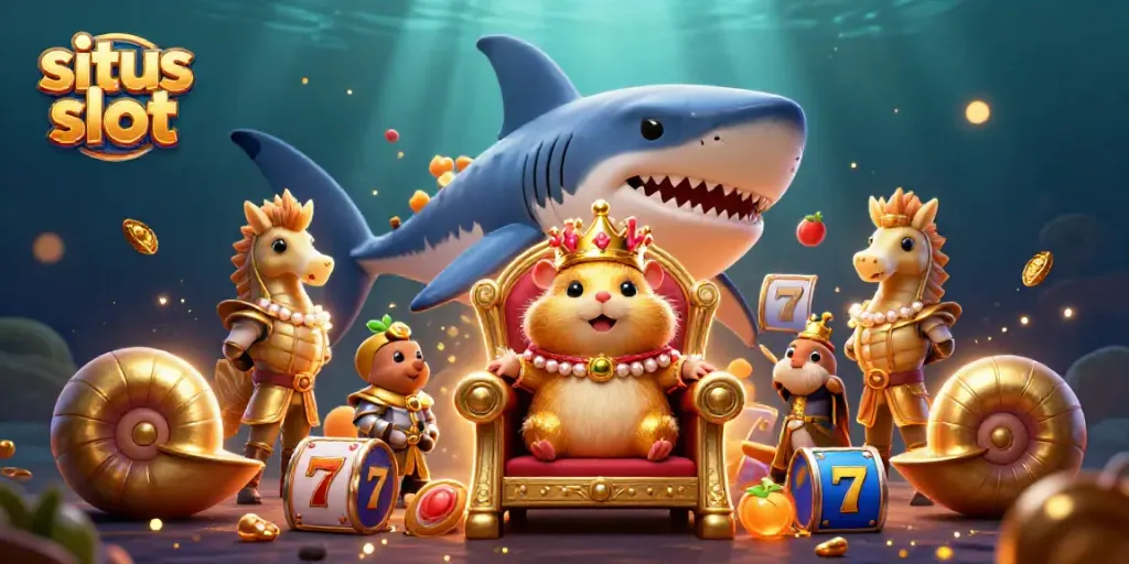 Situs slot illustration featuring a golden hamster king on a megalodon throne, surrounded by vibrant slot game elements.