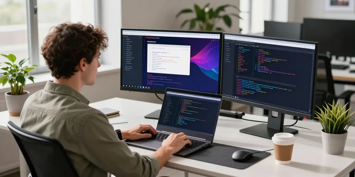 Developer coding on a dual-monitor setup at the tech workspace for teiegramin.com, showcasing vibrant application designs.