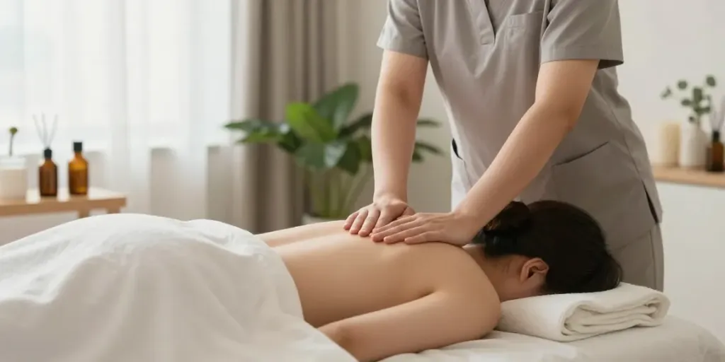 Relaxing 용산출장안마 session in a cozy home massage setting, therapist providing soothing care.