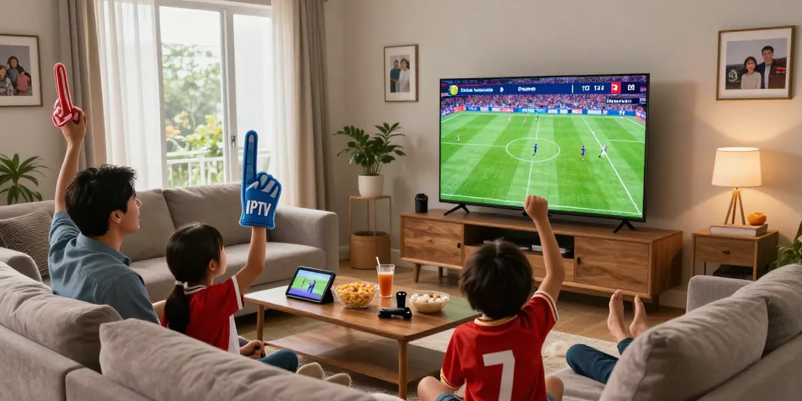 Family enjoying the top IPTV subscriptions while cheering for their favorite sports team in a cozy living room.