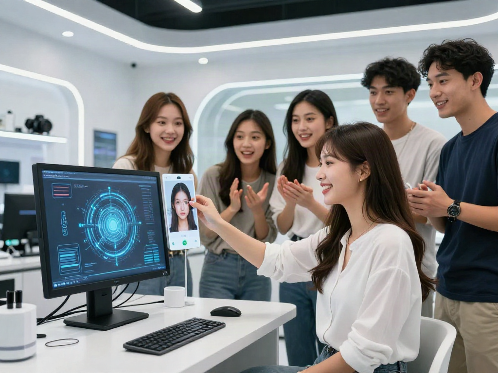Interactive setting of an attractive test with AI beauty analysis, showcasing diverse users engaged and excited.