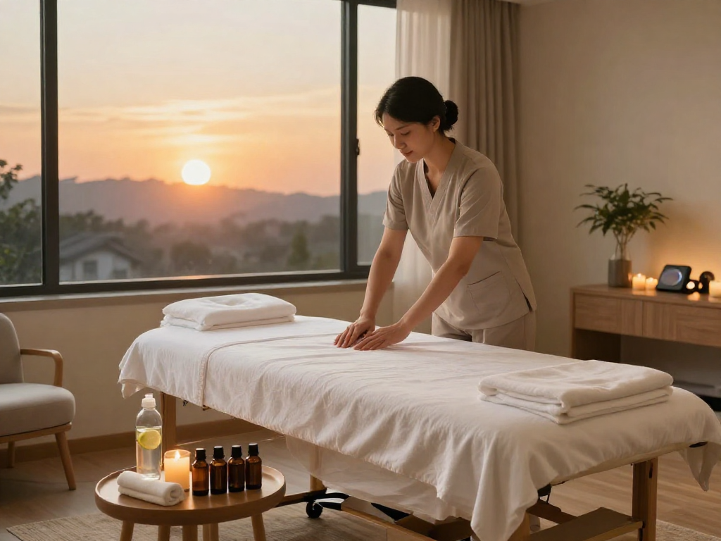 Mobile 출장마사지 service setup in a hotel room with calming decor and soft lighting.