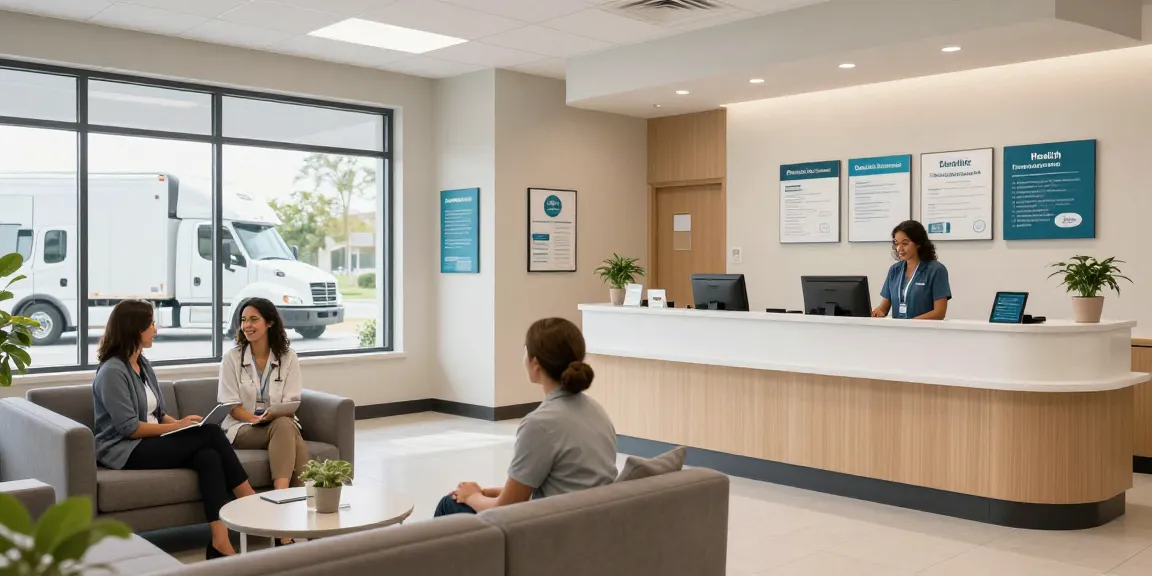 Truck driver health insurance options available in a professional healthcare clinic environment.
