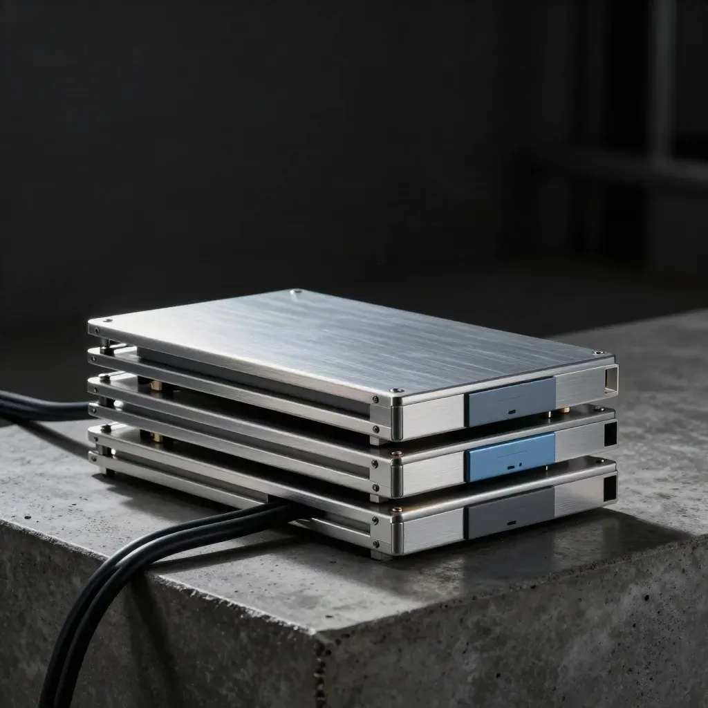 Brushed aluminum drive trays, cable harness, and archive cases on a dark studio plinth.