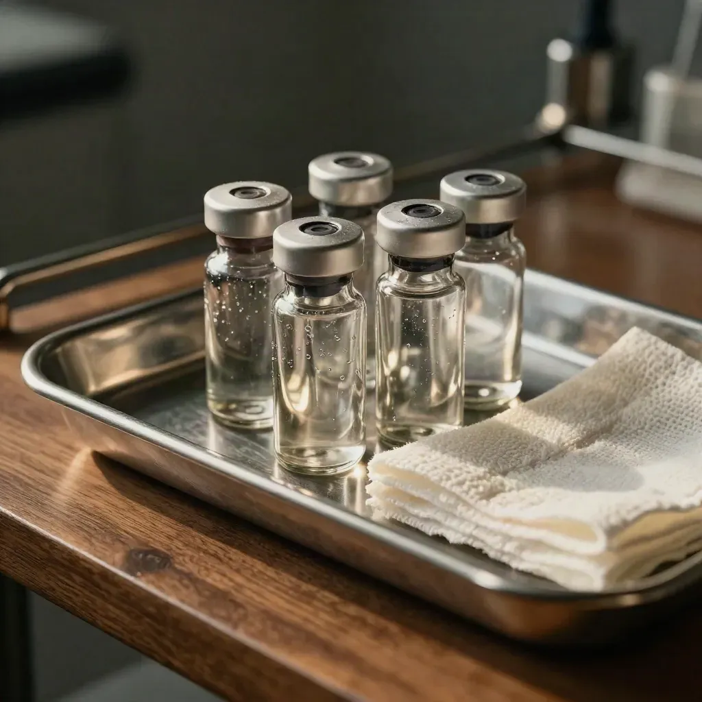 Specimen vials, a stainless tray, and folded gauze on a warm lab surface in moody macro light.