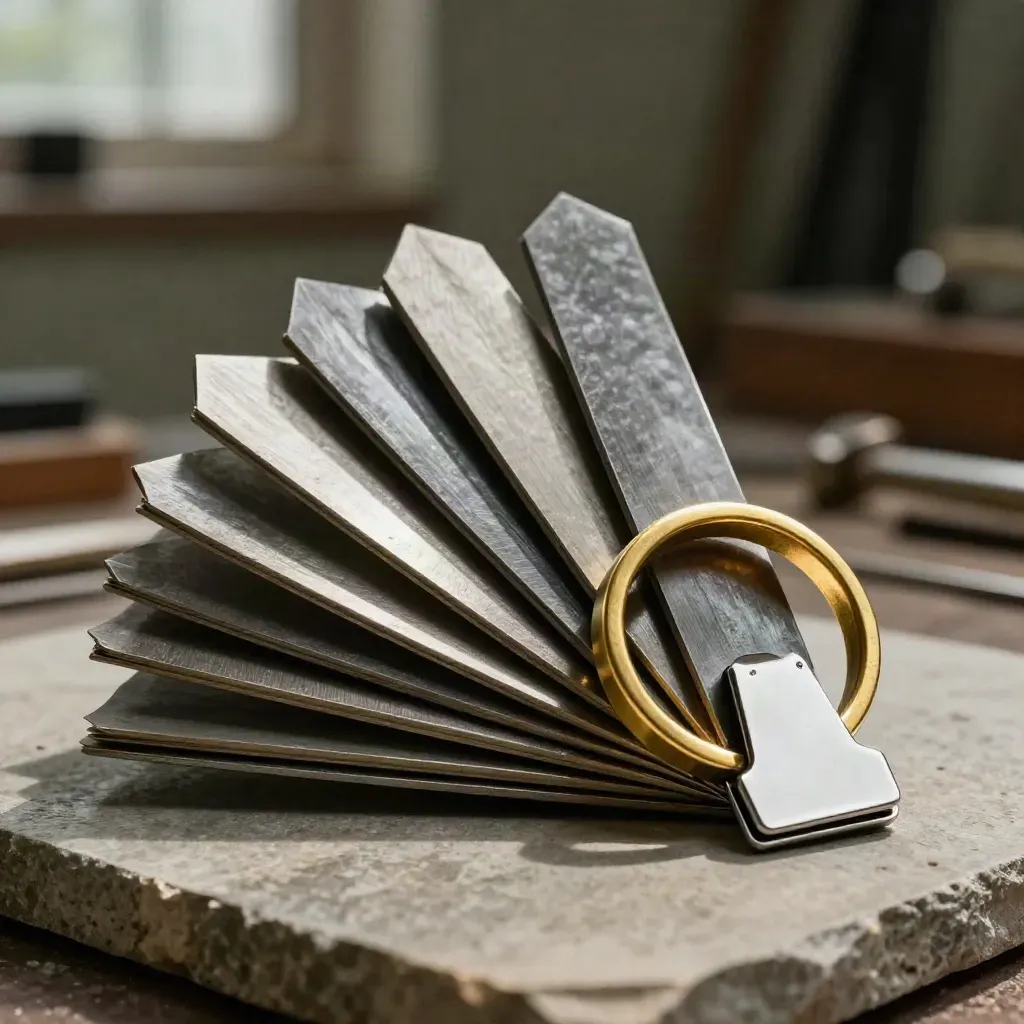 Drafting shims, brass ring, and metal clip on stone in dramatic low light.