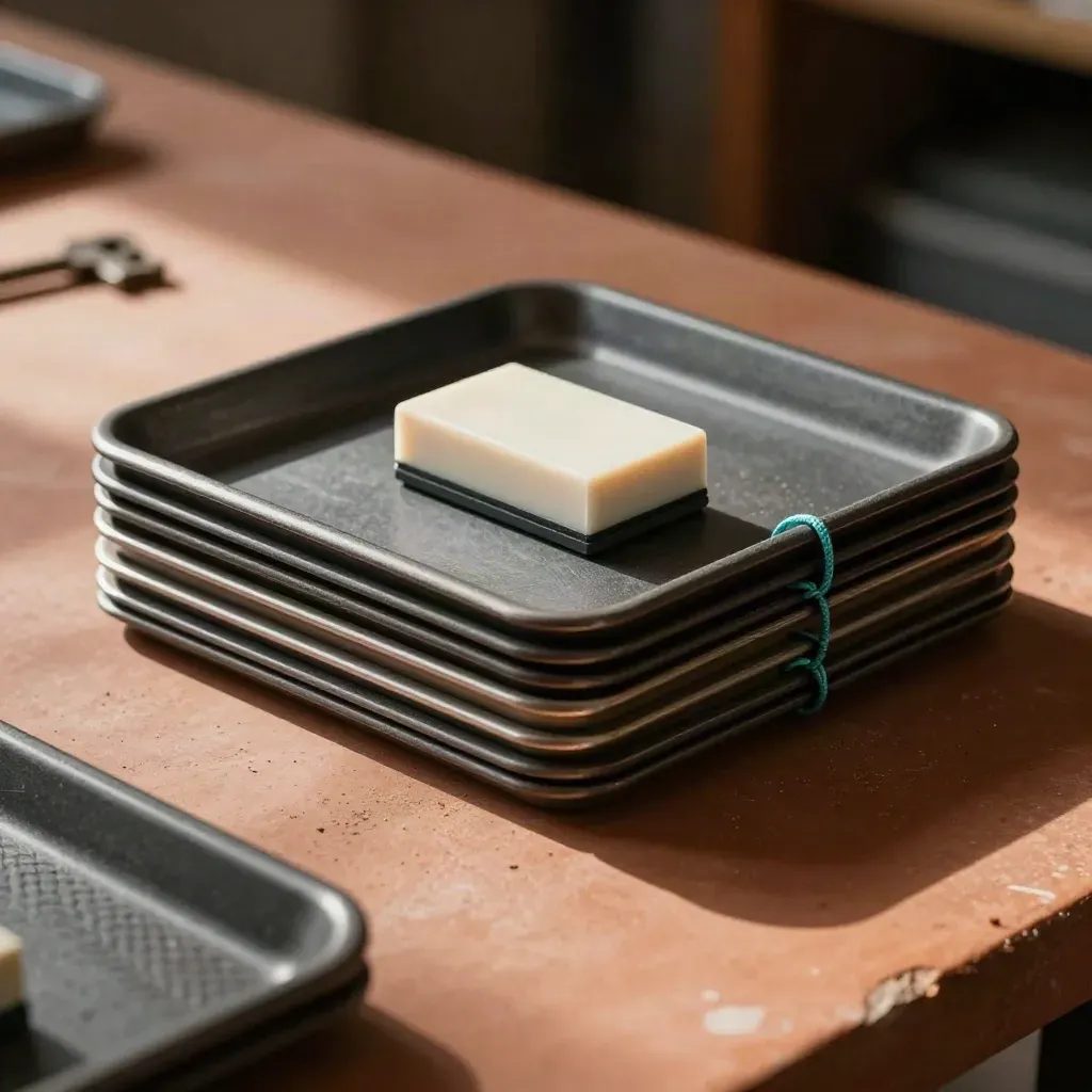 Stacked archive trays, teal cable ties and a blank stamp block on terracotta clay, lit from upper left.
