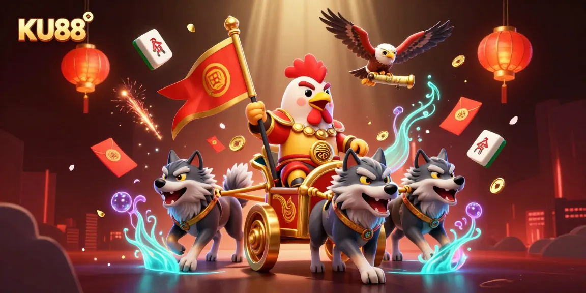 Engage with KU88’s vibrant casino artwork featuring a rooster warlord in a gold chariot amidst dynamic elements.