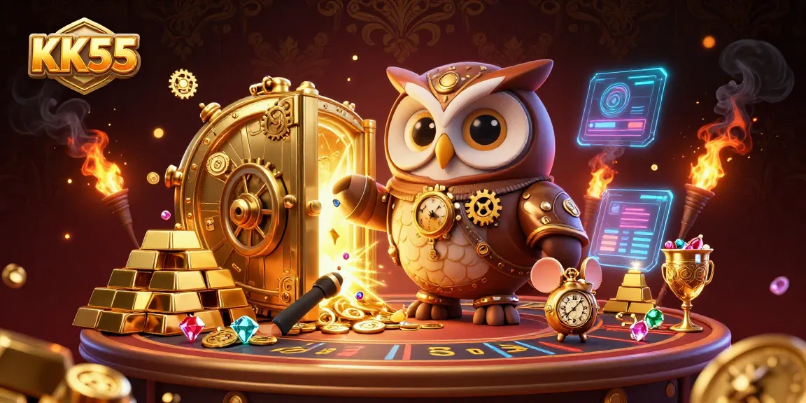 Experience thrilling casino action with KK55 in a vibrant 3D illustration full of treasures and excitement.