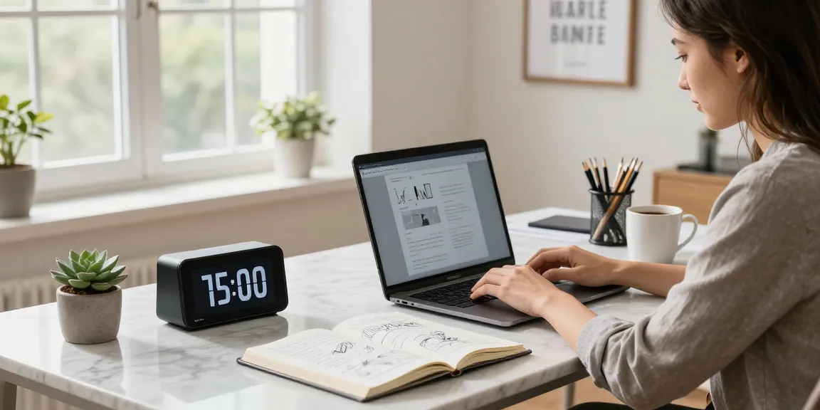 Beautifully arranged workspace featuring a digital desk clock, laptop, coffee mug, and succulents, promoting a productive and stylish environment.