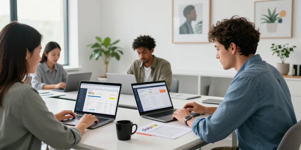 Collaborative team discussing strategies for ebay accounts for sale in a modern e-commerce office.