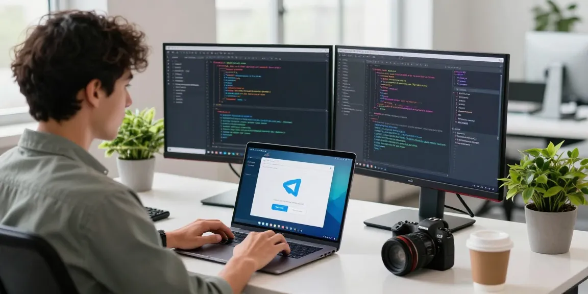 Engaged developer using the 纸飞机中文版 on a laptop in a vibrant office.