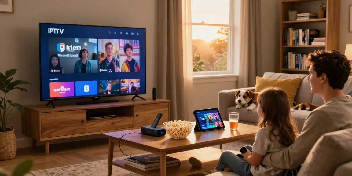 Family enjoying IPTV Ireland streaming on their smart TV during a cozy movie night.