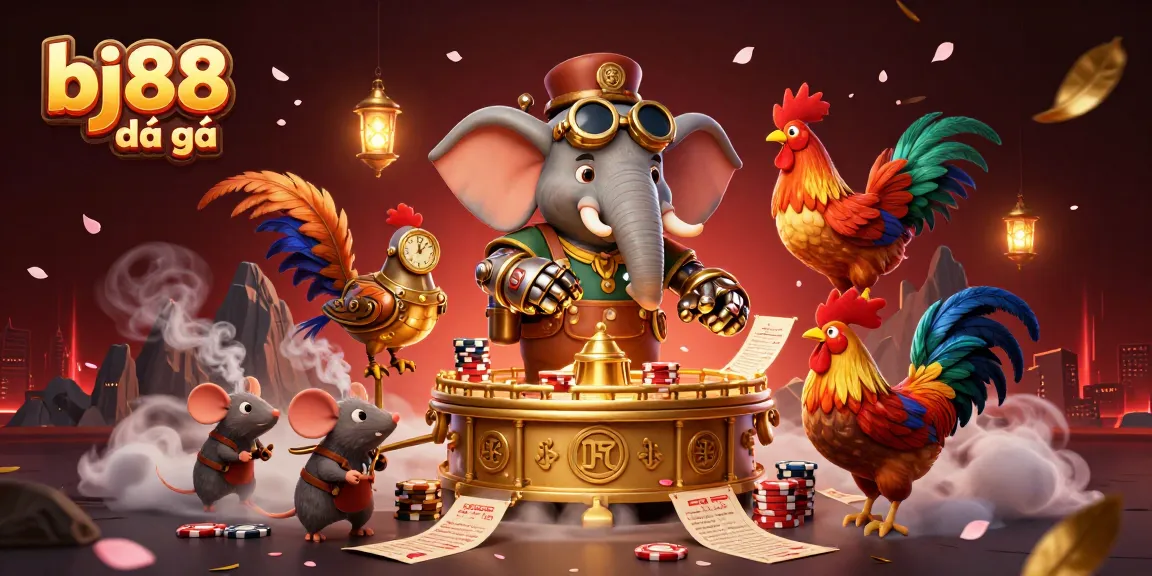 Engage in thrilling bj88 đá gà action with a dynamic illustration of cockfighting, featuring steampunk characters