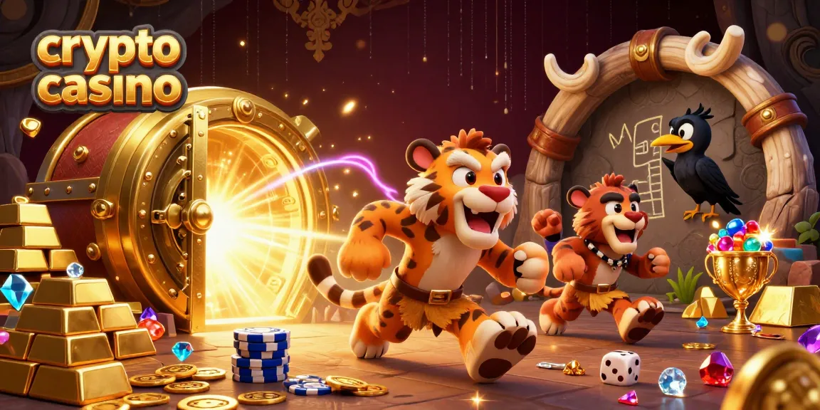 Jouer au crypto casino avec des personnages animés dans un univers préhistorique, où une lumière dorée s'échappe d'un coffre-fort.