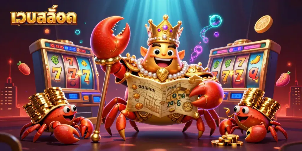 Engage with เว็บสล็อต in an immersive 3D-inspired slots scene with a golden crab and vibrant game elements.