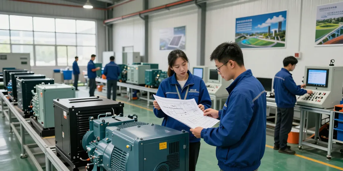 Engineers collaborating at a generator manufacturer facility showcasing teamwork and innovation in power solutions.