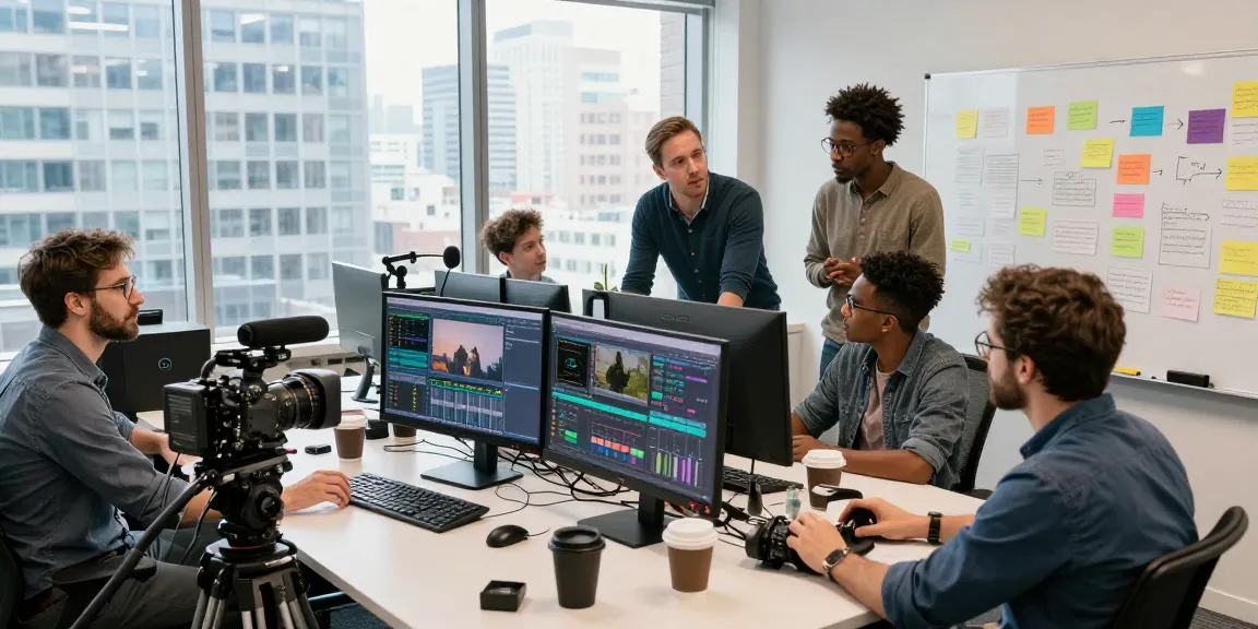 Creative team collaborating on a media source project in a professional studio