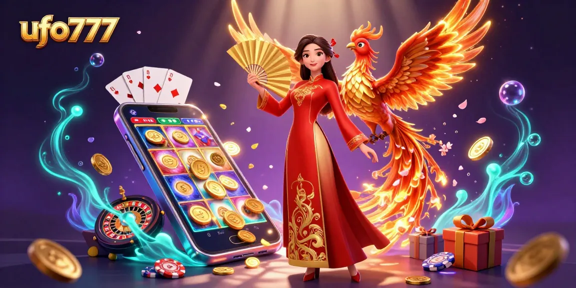 Engage with ufo777 in this vibrant casino scene featuring a woman and phoenix surrounded by gaming elements.