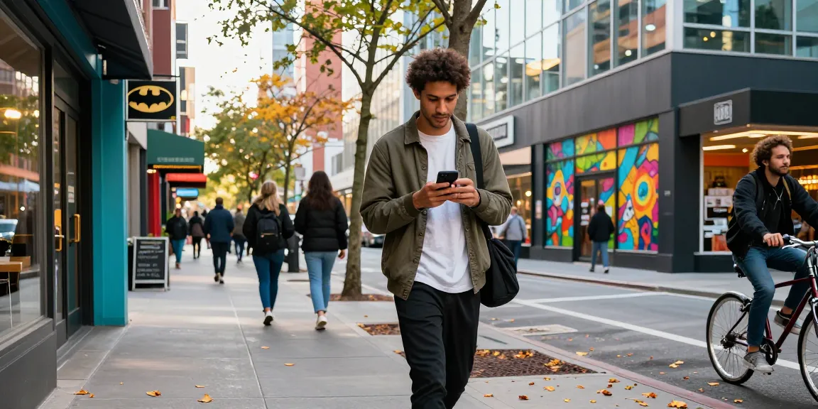 Young adult engaging with batmanloyal.com on smartphone in vibrant city setting.