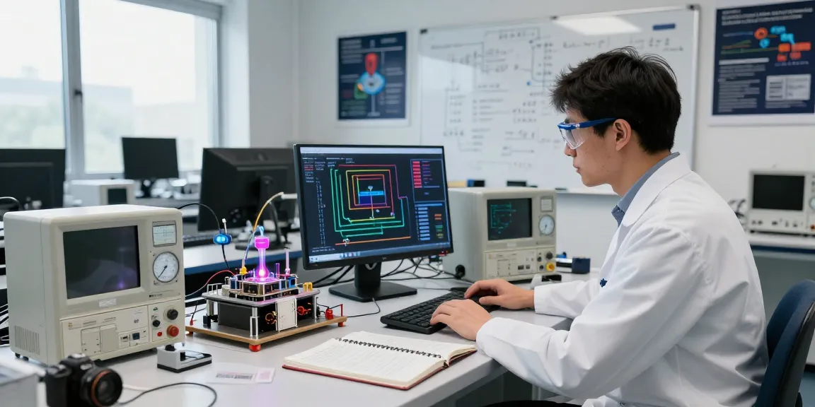 Scientist analyzing quantum computing data, showcasing advanced technology and research.