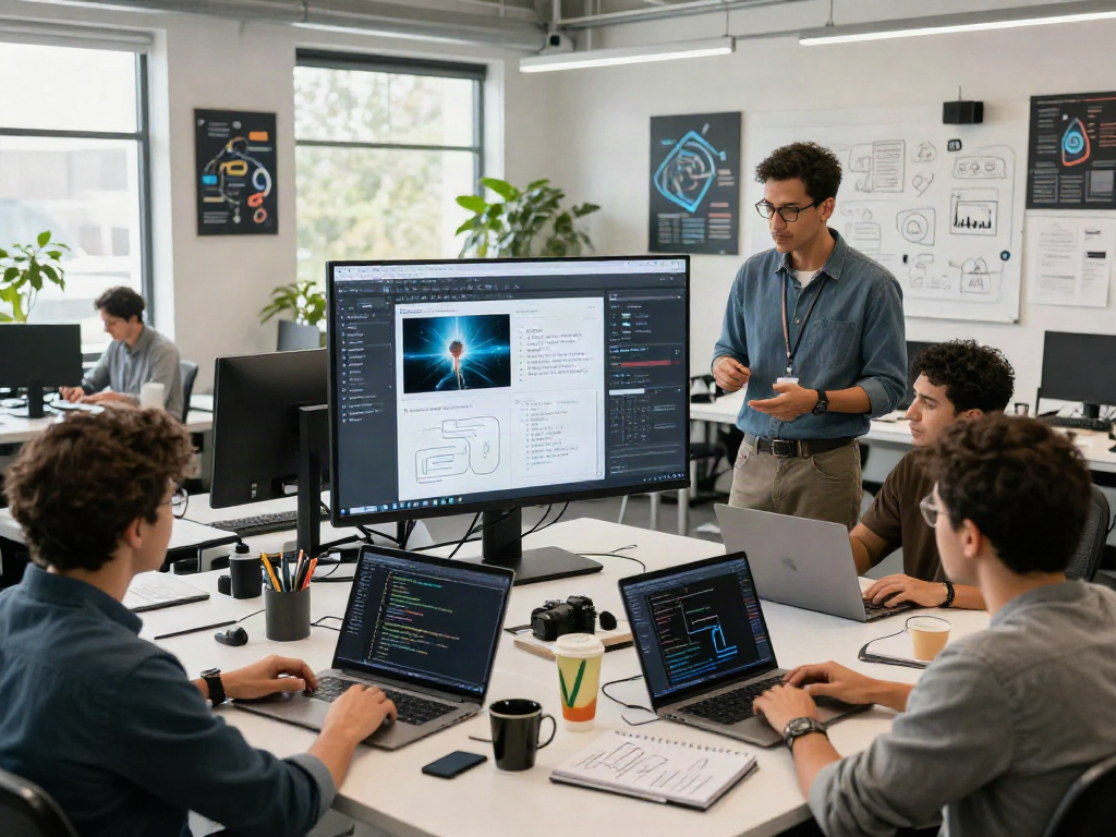 AI Image Detector software development team collaborating in a bright tech workspace.