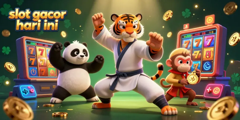 Slot gacor hari ini menampilkan karakter kartun kasino dan elemen slot dalam ilustrasi 3D