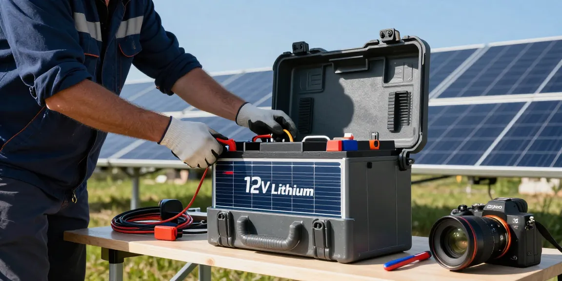 12V Lithium Battery used in off-grid solar installation with technician connecting components outdoors, emphasizing renewable energy.